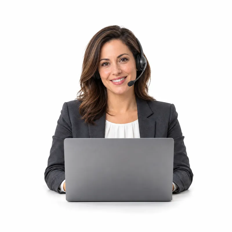 A friendly receptionist with a headset at a laptop